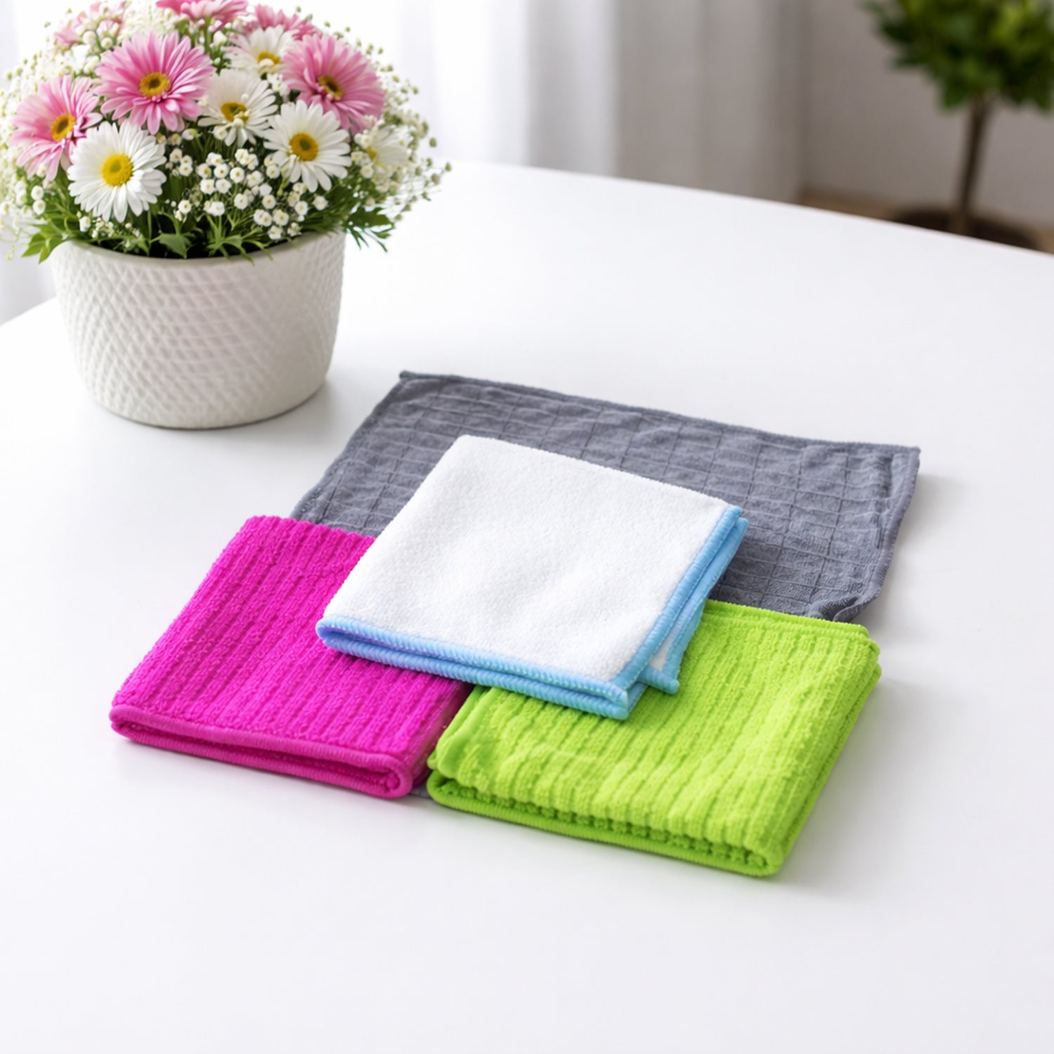 Set of four Wukusy microfiber cleaning cloths with soft, absorbent fabric for gentle surface cleaning and dust removal.