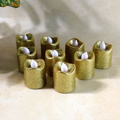 Set of 9 Wukusy Christmas premium glitter LED tealight candles for holiday home decor, featuring festive glitter and warm LED light.
