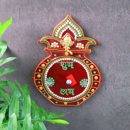 Decorative Kalash wall hanging with Shubh Labh design, made by Wukusy for traditional home decor.