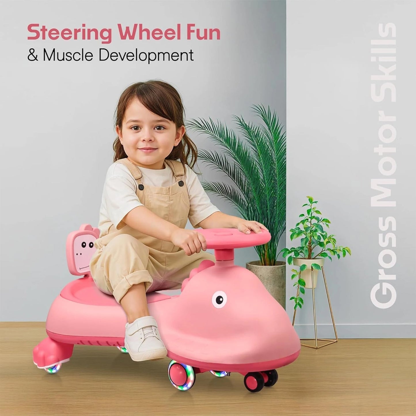 Pink shark-themed kids swing car ride-on toy by Wukusy with music, featuring a magic twist design for children to enjoy.