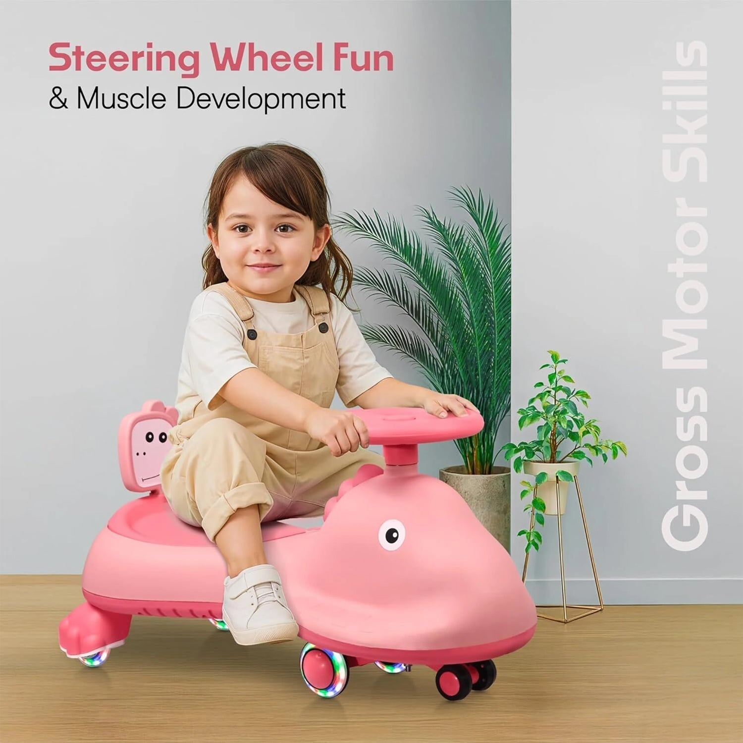 Pink shark-themed kids swing car ride-on toy by Wukusy with music, featuring a magic twist design for children to enjoy.