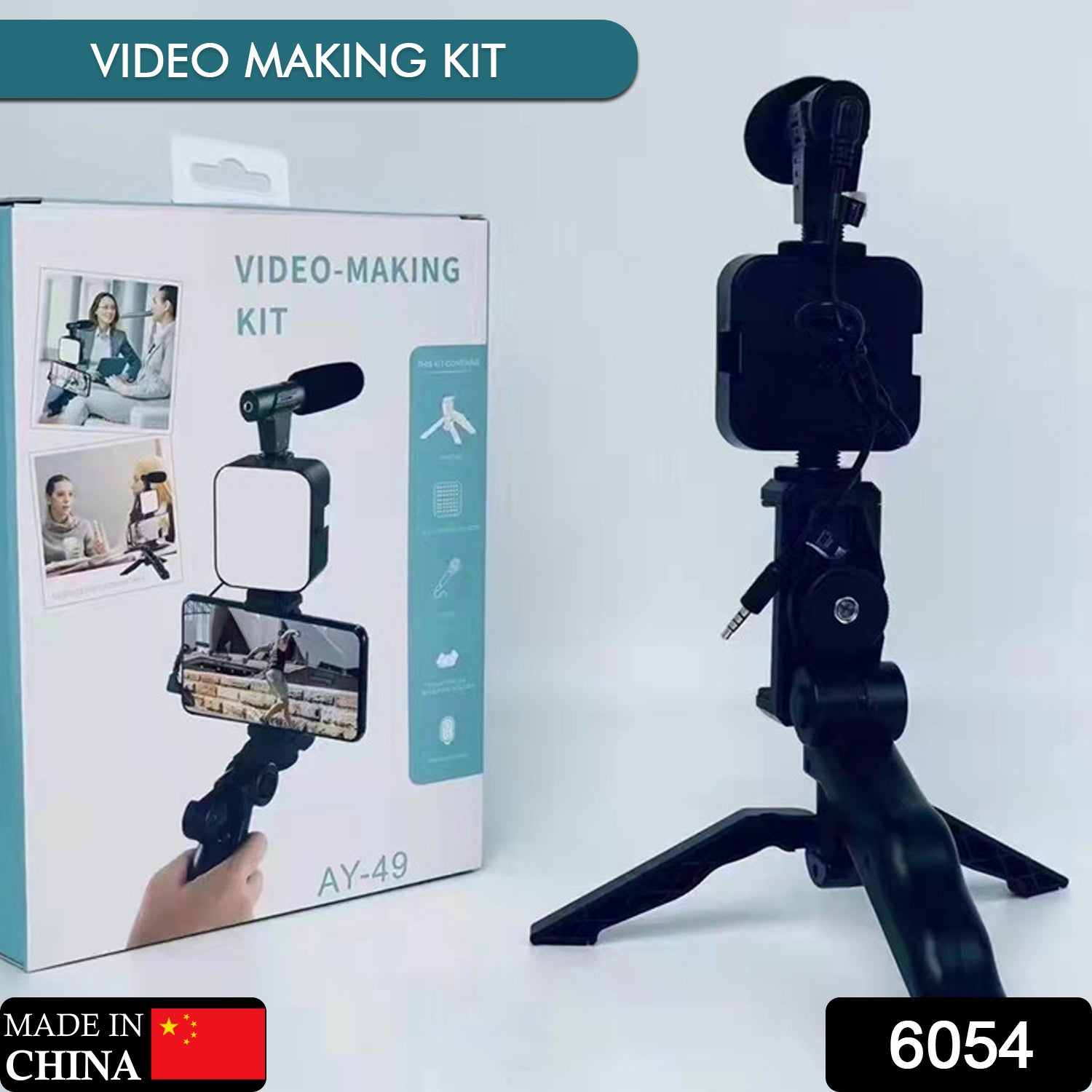 Wukusy 6054 vlogging kit with mini tripod, LED light, phone holder, and microphone for mobile video creation.