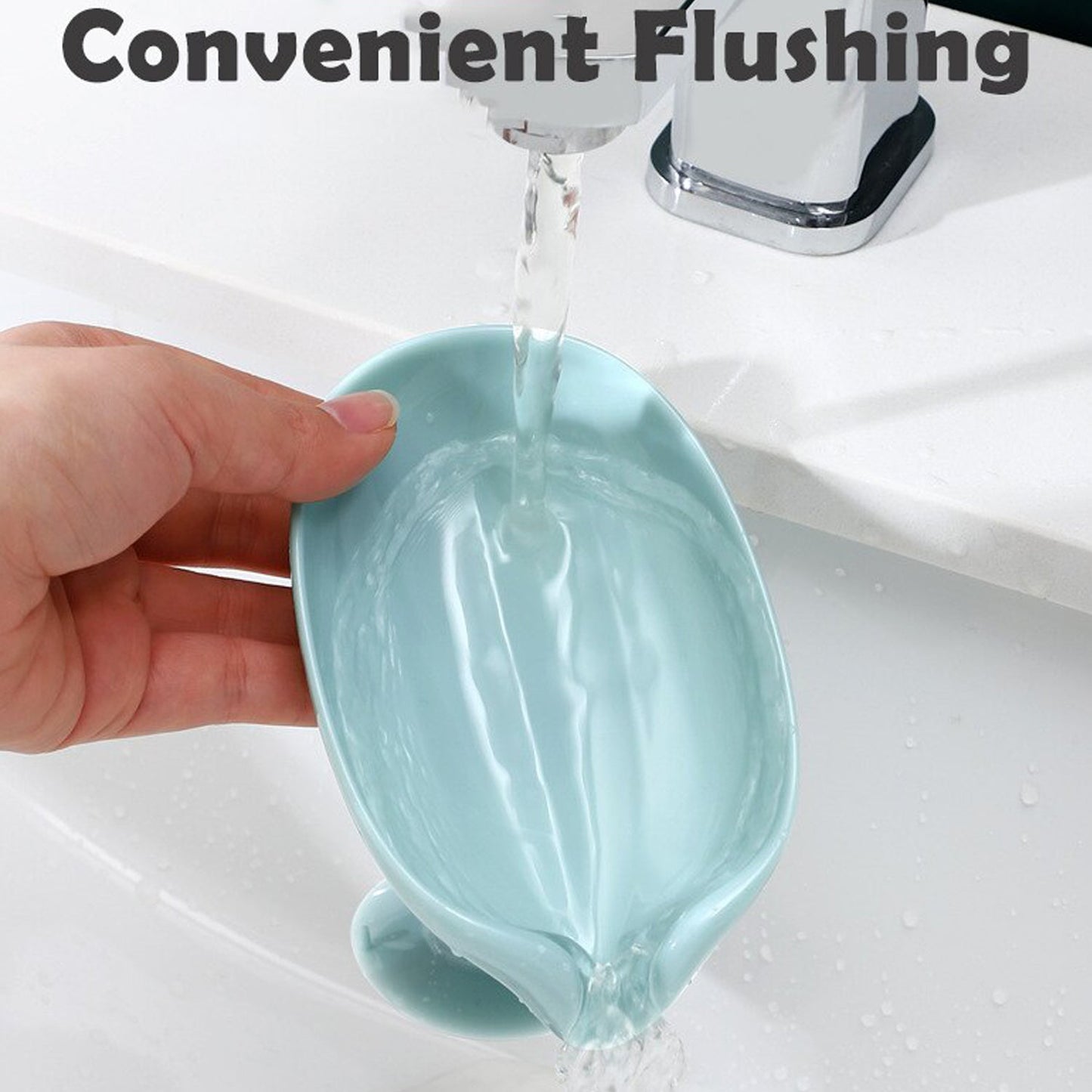 Wukusy leaf-shaped self-draining soap holder for bathroom and kitchen, soap dish with drainage design on a countertop.
