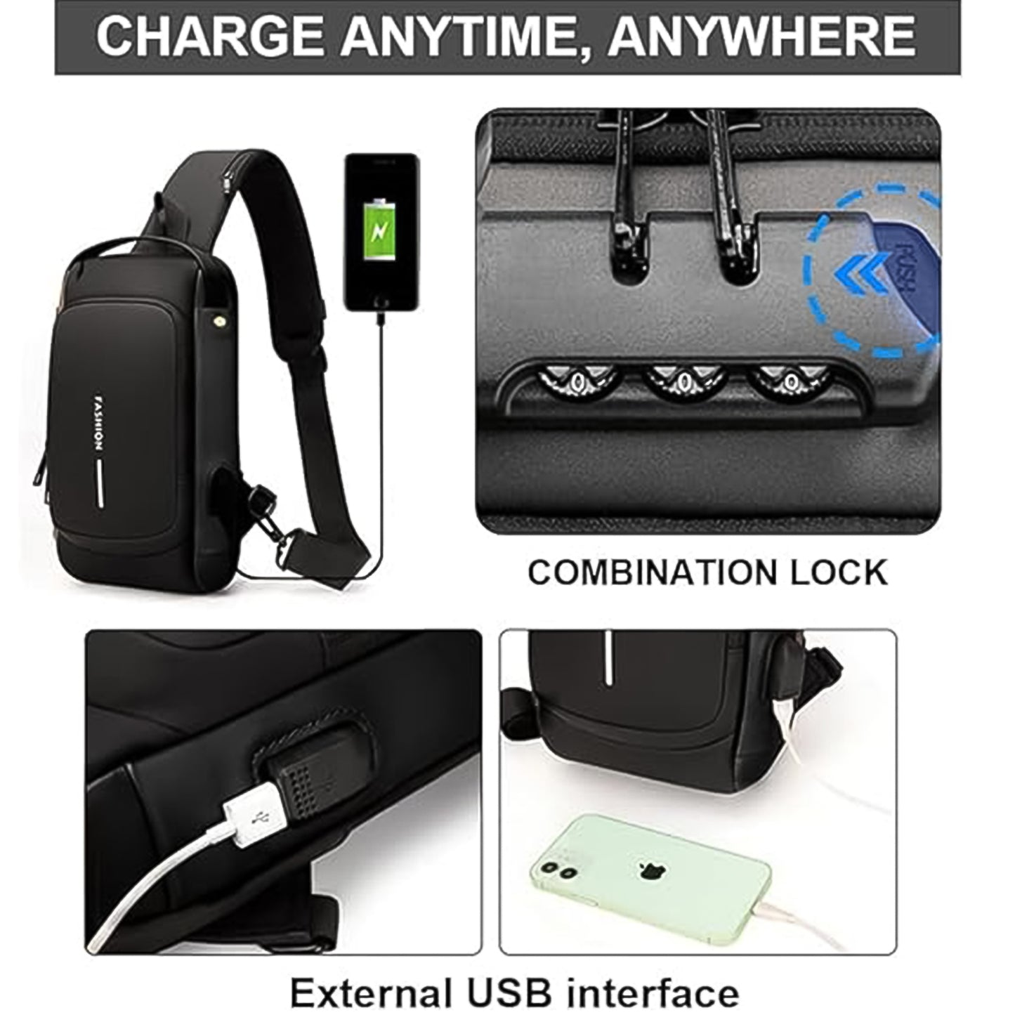 Wukusy trendy travel anti-theft crossbody sling bag with USB charging port, shown with adjustable strap and secure design.