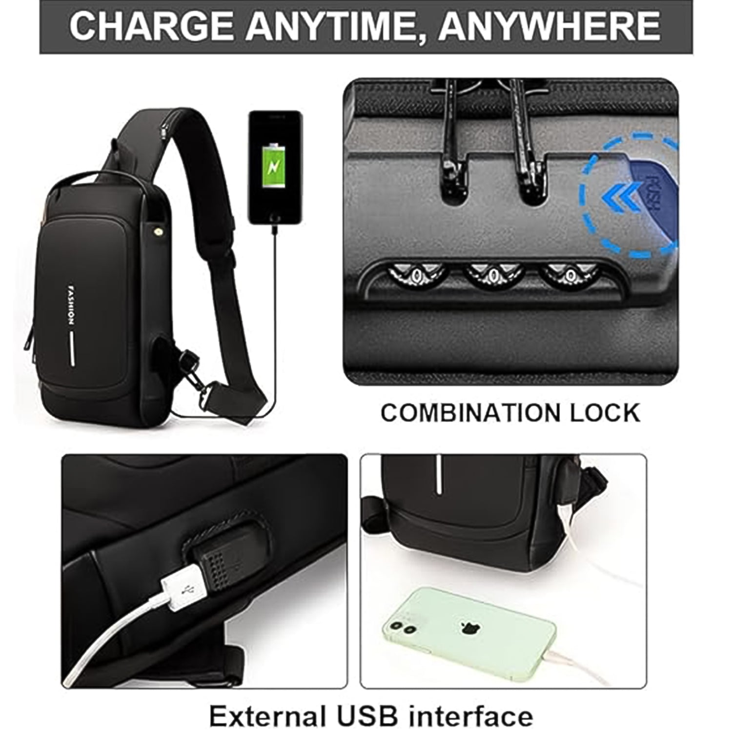 Wukusy trendy travel anti-theft crossbody sling bag with USB charging port, shown with adjustable strap and secure design.