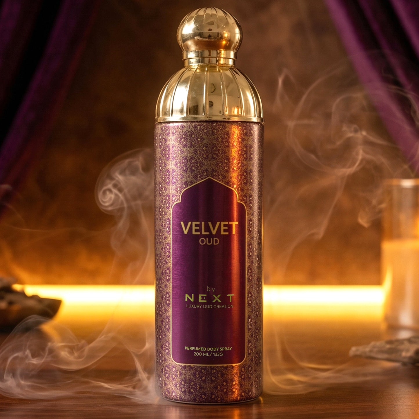 Wukusy Next Velvet Oud Premium Perfumed Body Spray 200ml bottle with elegant design and velvet-textured packaging.