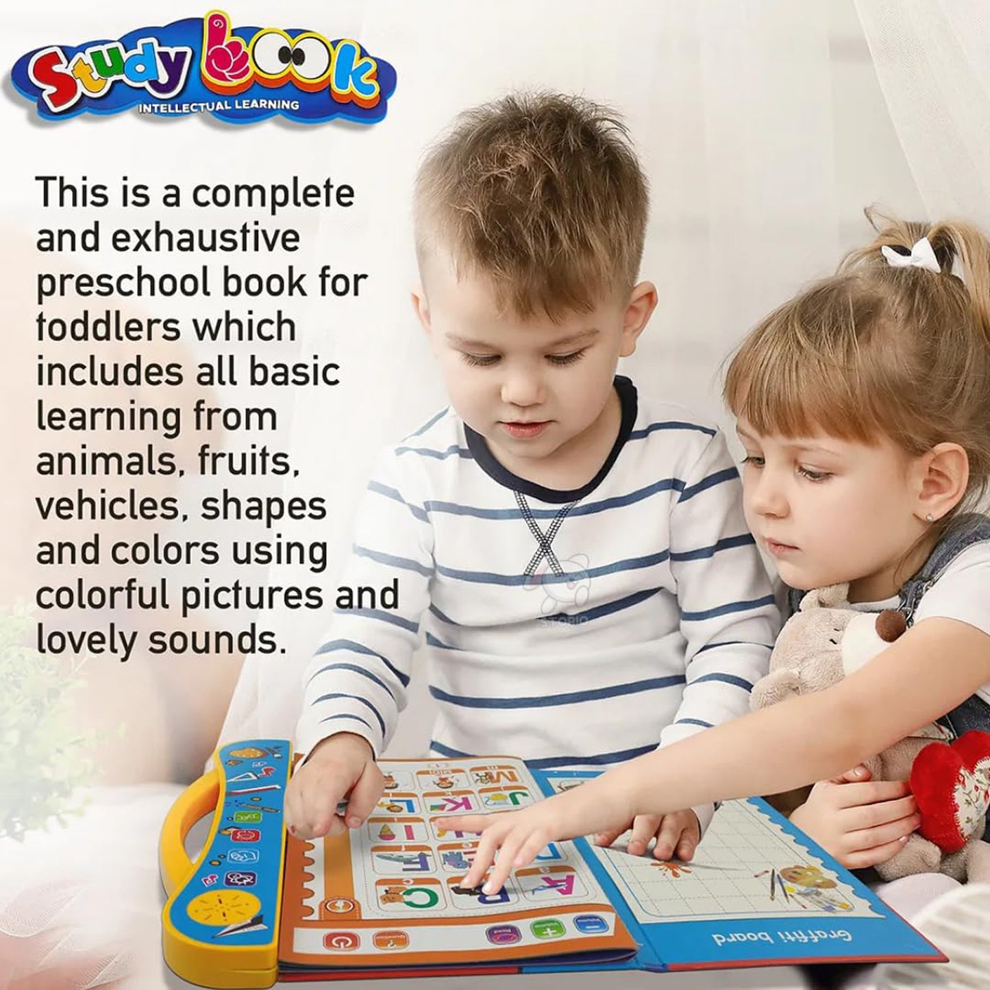 Wukusy Interactive Intelligence Learning Book with Sound Phonics, open pages showing colorful educational activities for children