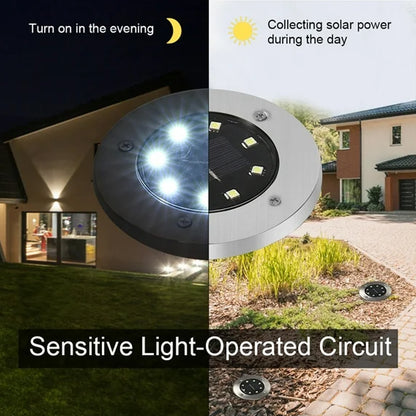 Set of four Wukusy solar-powered LED garden lights illuminating outdoor garden pathways and plant beds.
