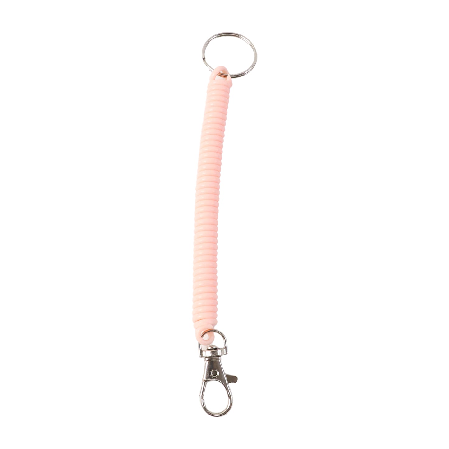 Wukusy elastic spiral coil keychain bracelet with metal key ring and clip hook on a white background.