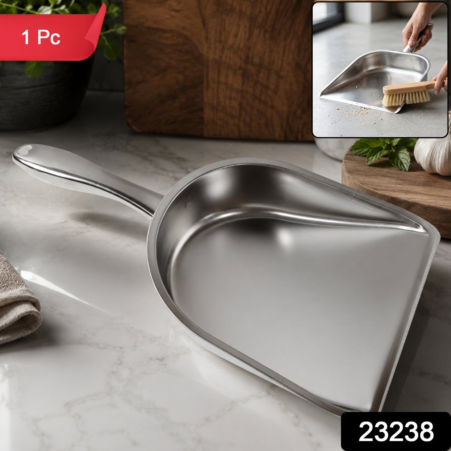 Heavy duty stainless steel dustpan with handle by Wukusy, durable metal construction for efficient cleaning.