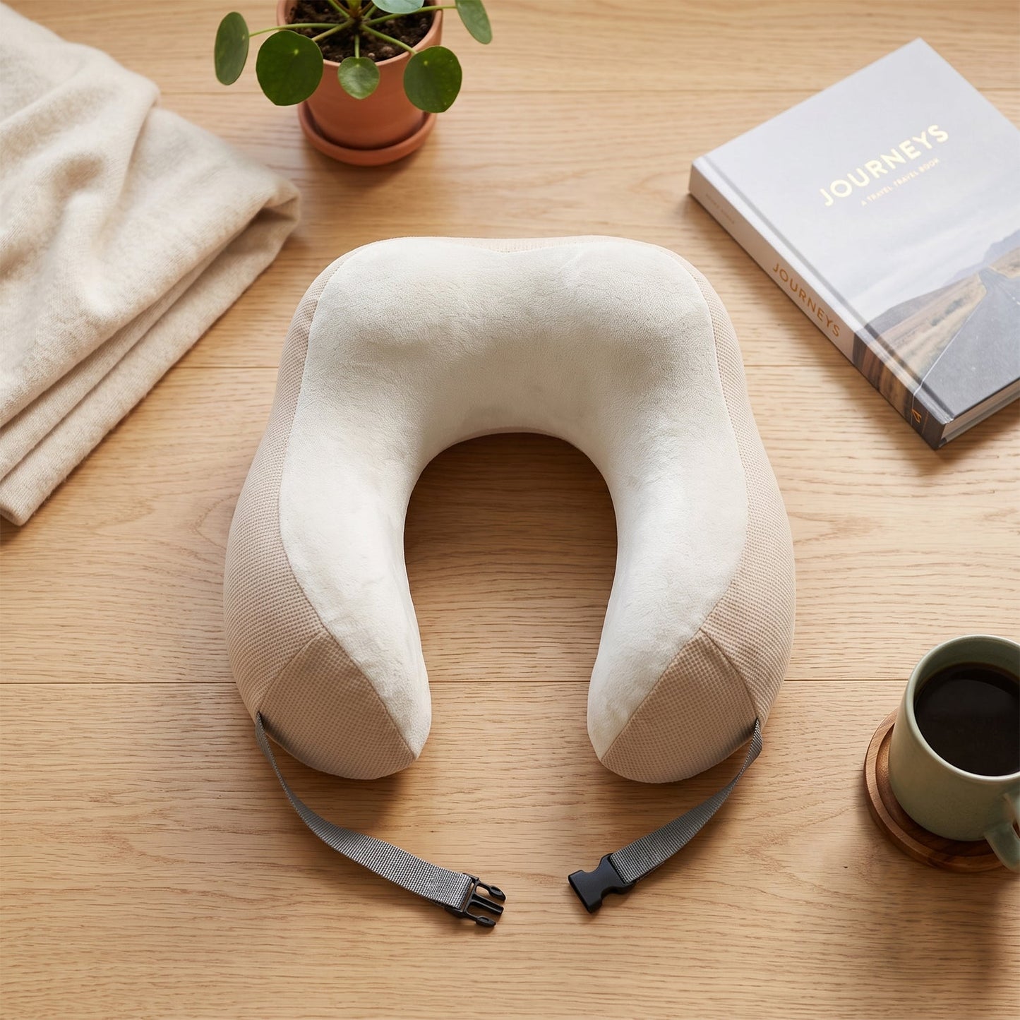 Beige U-shaped memory foam travel neck pillow with buckle strap from Wukusy, designed for neck support during travel.