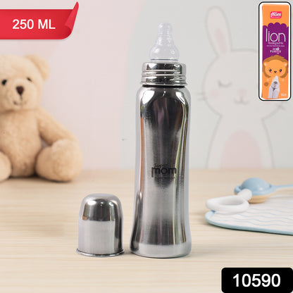 Stainless steel Supermom Lion baby feeding bottle by Wukusy, 250ml, with a colorful lion design and silicone nipple for baby care.