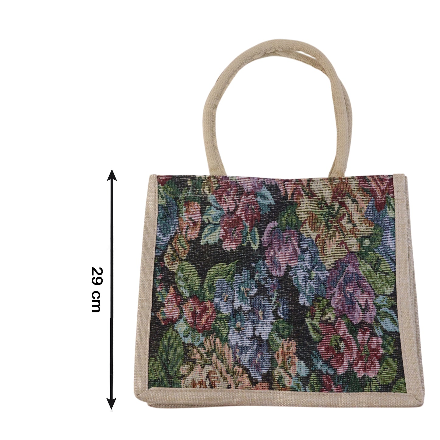 Wukusy floral print carry hand bag with 29x33 cm size, featuring colorful flower patterns and sturdy handle for versatile use.