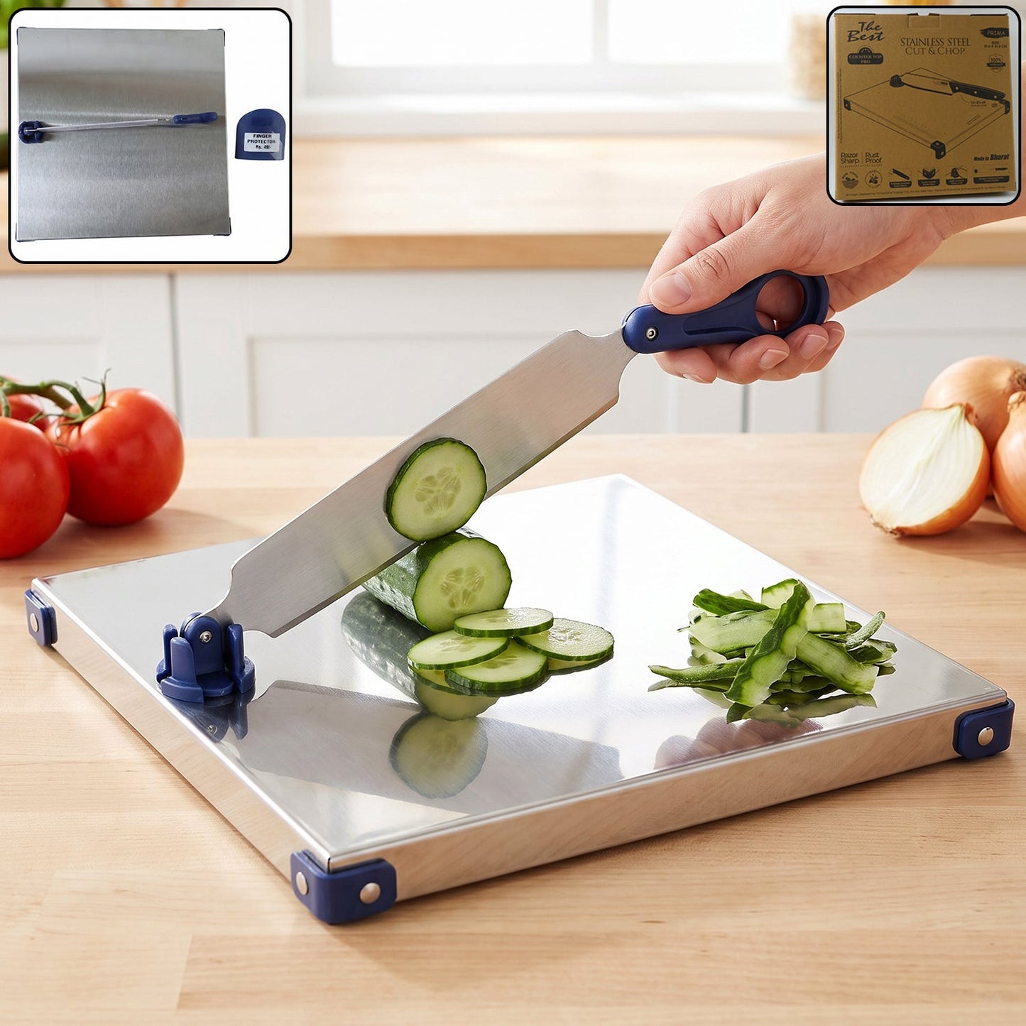 Wukusy stainless steel 2-in-1 cutting and chopping board with knife finger guard, showing the sleek metal surface and safety features.