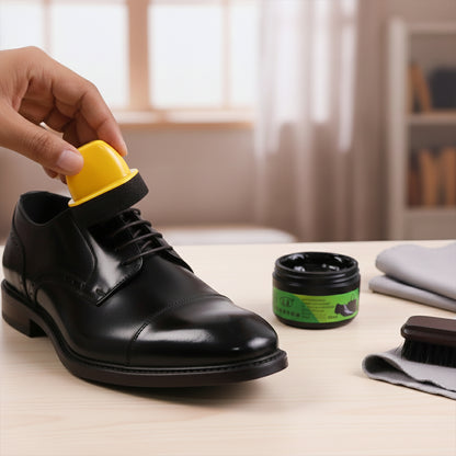 Wukusy black shoe polish cream with built-in sponge applicator, 60ml, showing the polish container with sponge tip for shine and protection.