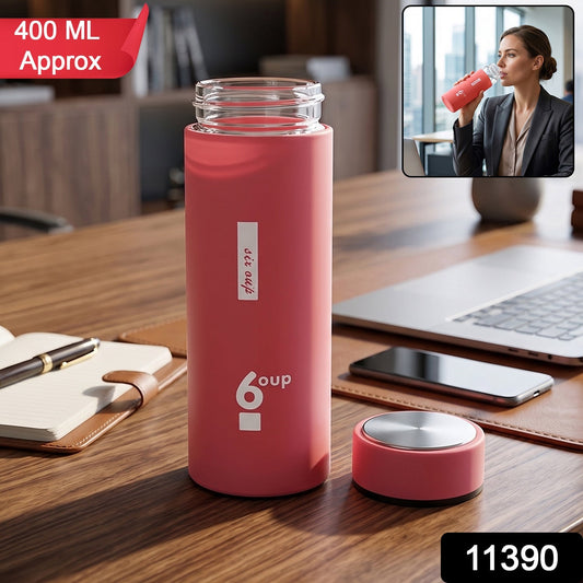 Wukusy premium glass water bottle with silicone sleeve and leak-proof cap, 400ml capacity, showcasing the sleek design and secure lid.