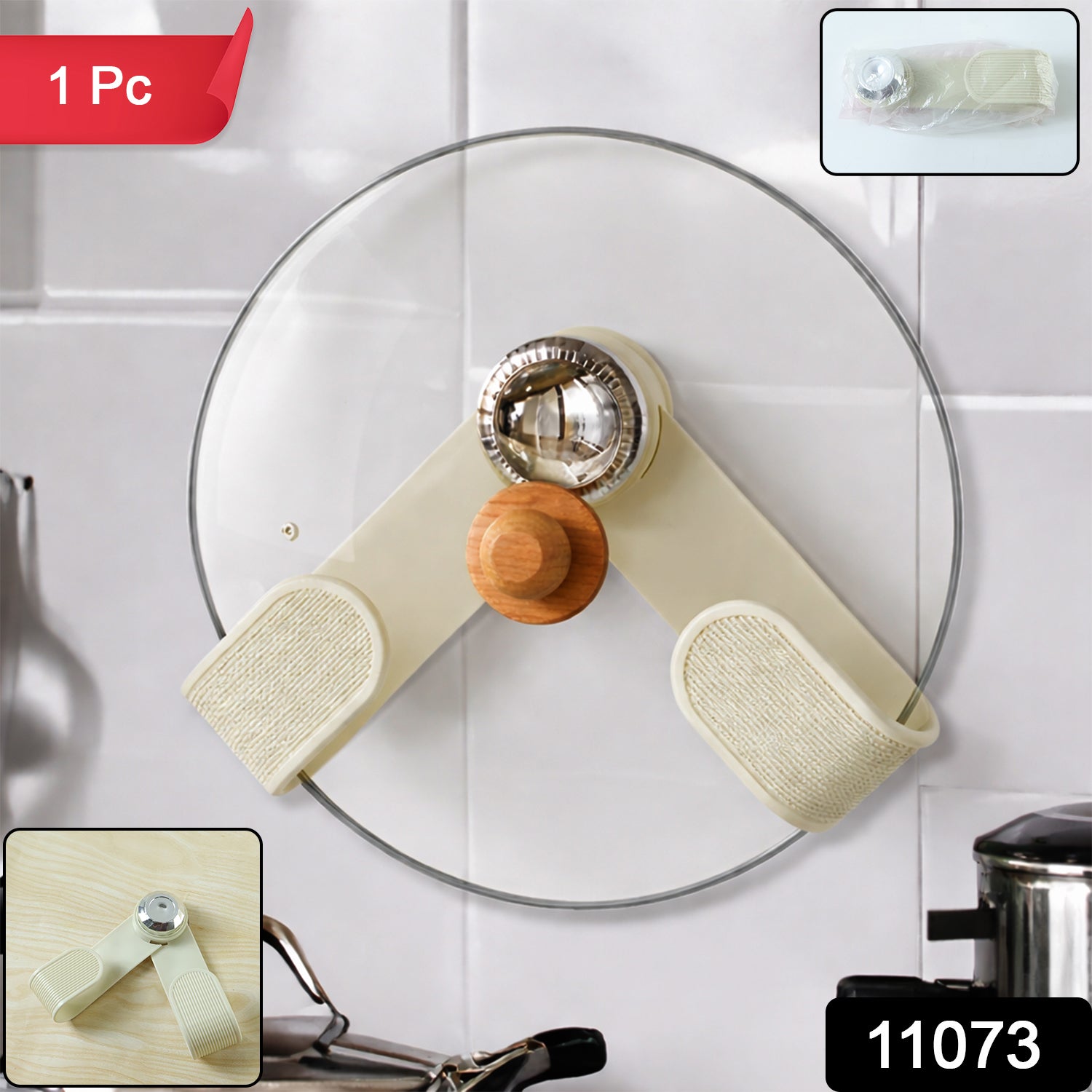 Wukusy adjustable kitchen pot lid holder clip holding a pot lid on a countertop in a modern kitchen setting