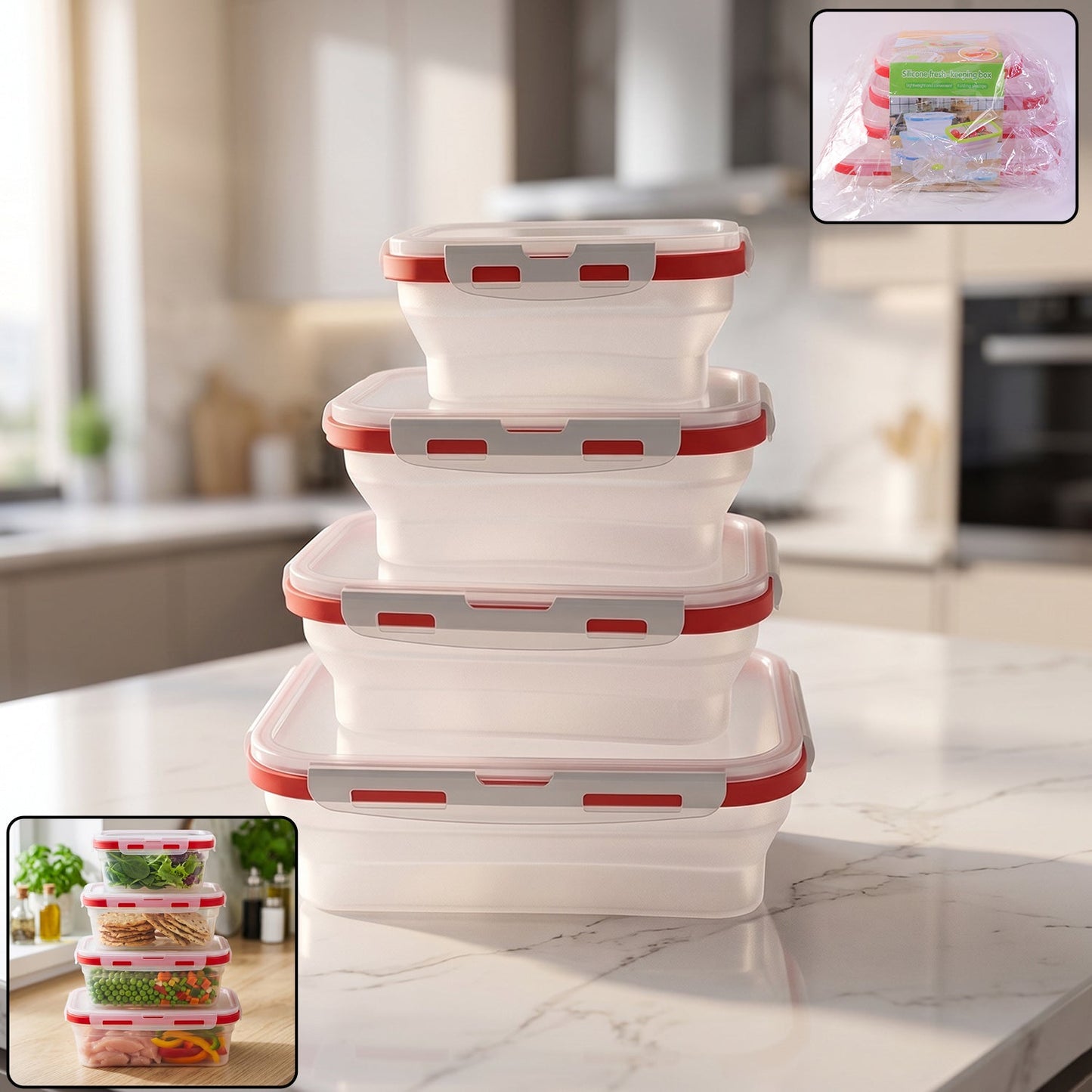 Collapsible Food Storage Container Set Airtight Foldable Lunch Box (4 Pc Set)