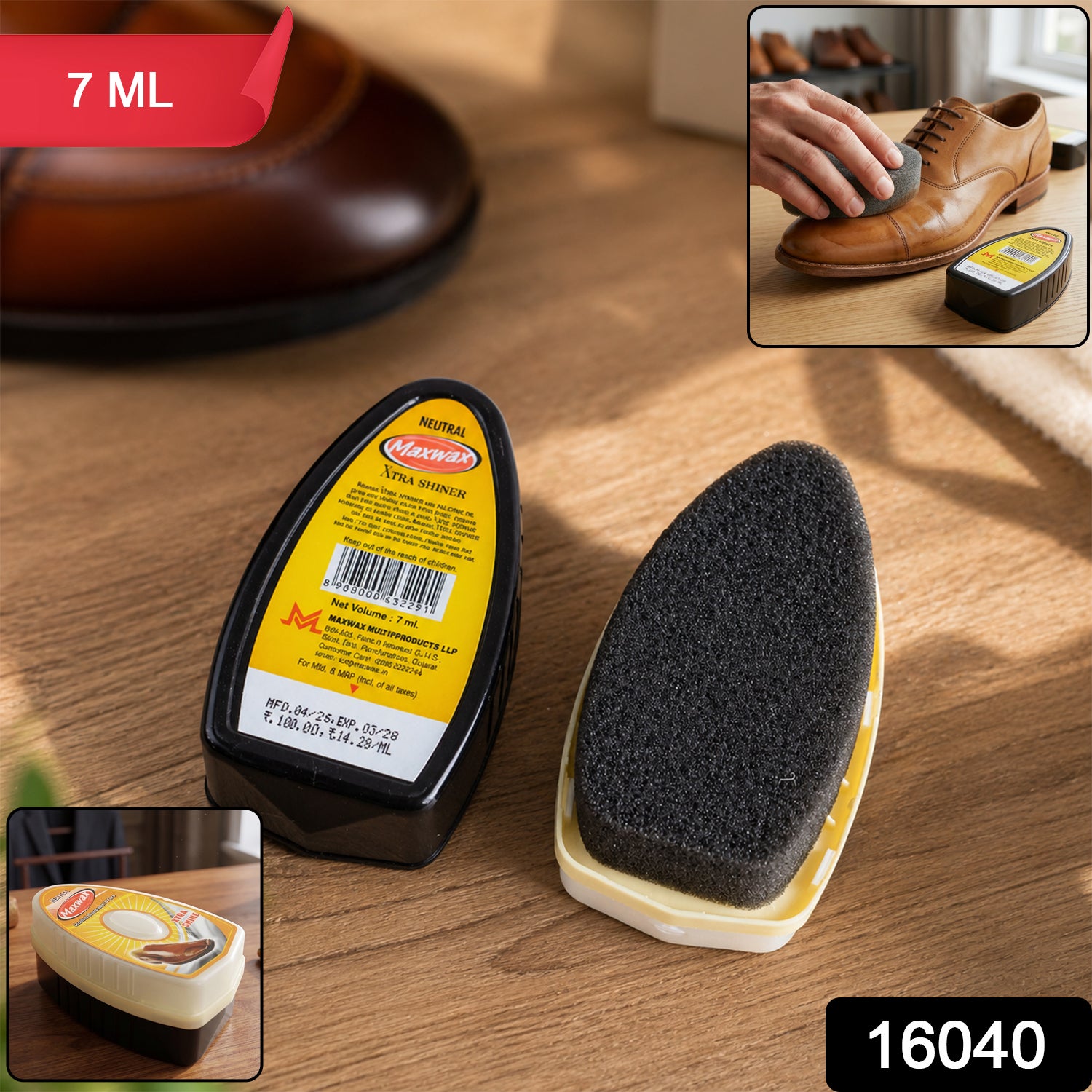 Wukusy Maxwax Neutral Instant Shoe Shiner in 7ml tube, showing smooth black shoe surface reflecting light.