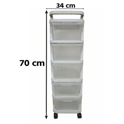 Wukusy 5-layer plastic storage drawer rack with wheels, ideal for home organization and easy mobility.
