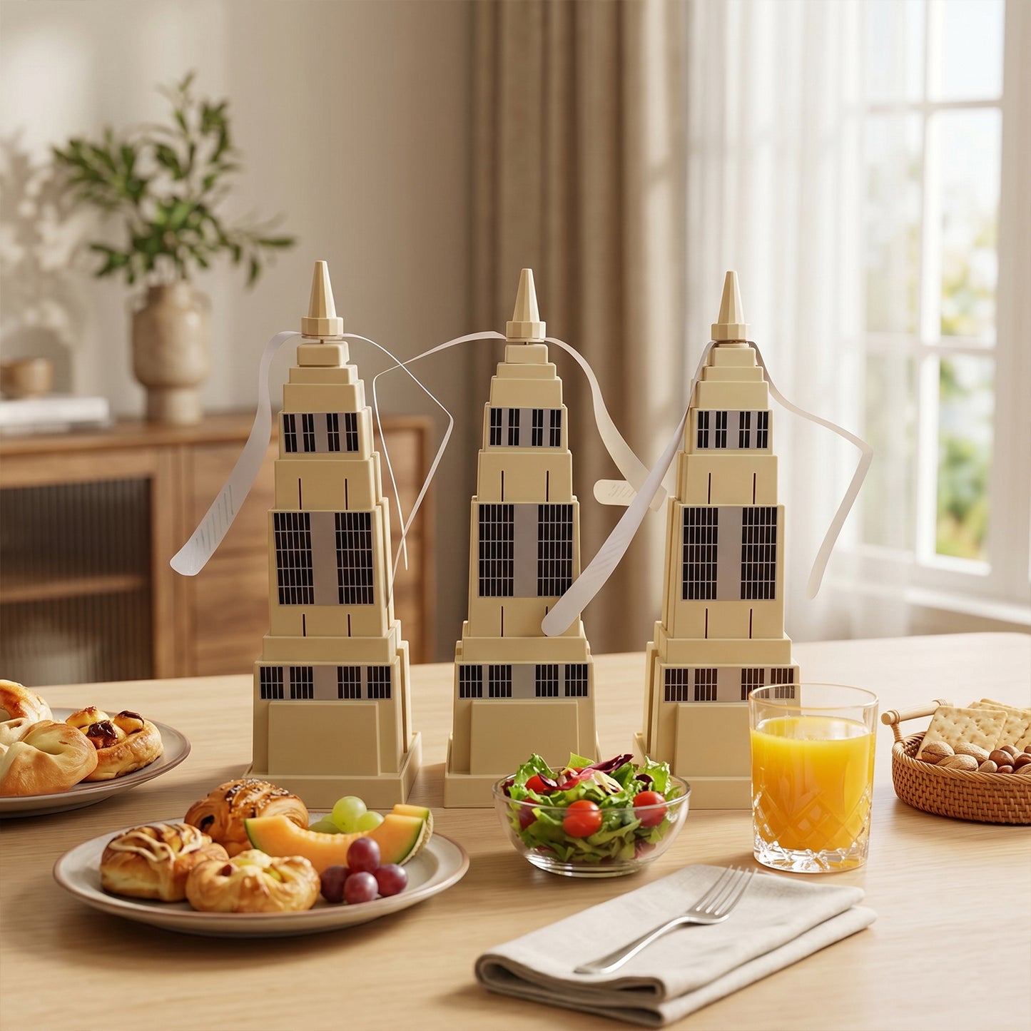 Wukusy fly repeller tabletop food protection fan set with three compact, electric fans to keep insects away from food.