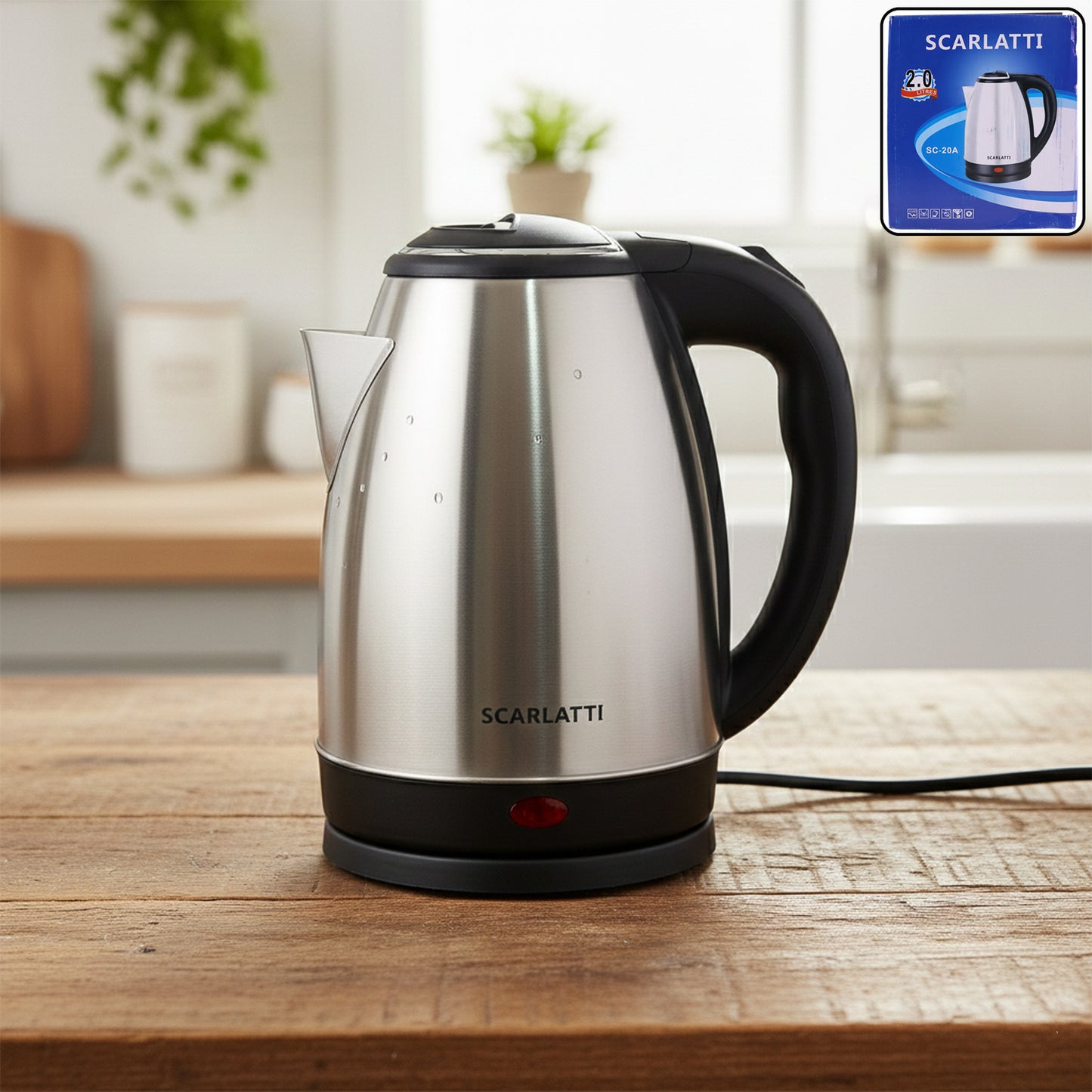 Wukusy Scarlatti stainless steel electric kettle with a 2-liter capacity, featuring a sleek design and a comfortable handle.