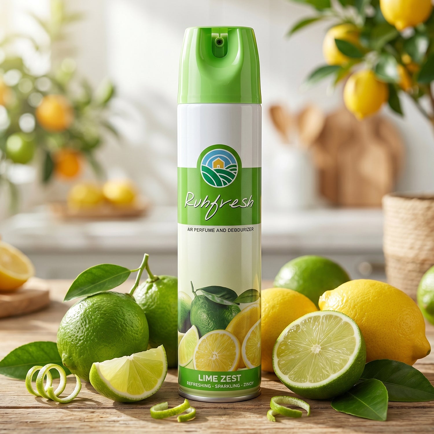 Wukusy Lime Zest air freshener spray bottle, 220 ml, with bright lime and citrus scent visible on the label.