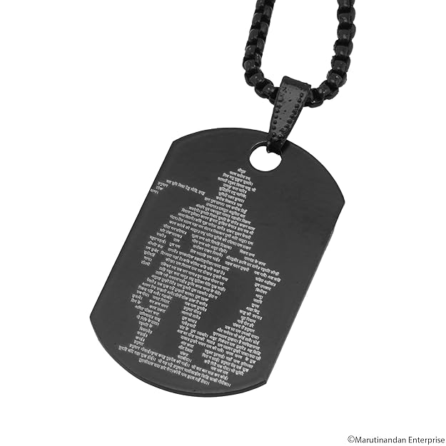 Stainless steel Hanuman Chalisa locket necklace with micro-carved Hanuman tag and crisscross chain, unisex men's jewelry.