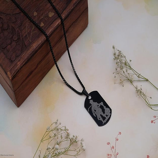 Stainless steel Hanuman Chalisa locket necklace with micro-carved Hanuman tag and crisscross chain, unisex men's jewelry.