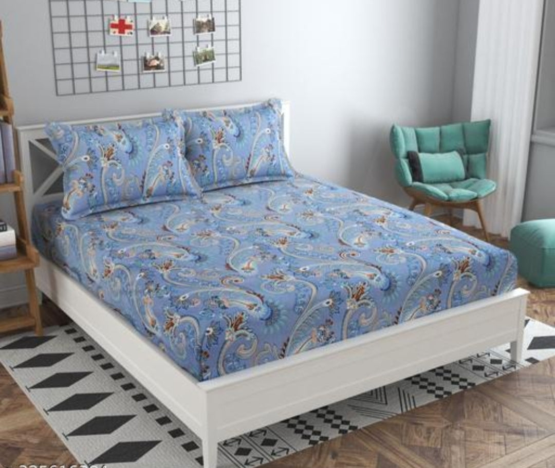 Super soft glace cotton fitted bedsheet with elastic edges and two pillow covers, suitable for double beds, size 72x78 inches.