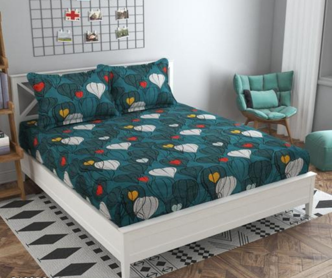 Super soft glace cotton double bedsheet with elastic fitted edges and two matching pillow covers, measuring 72x78 inches.
