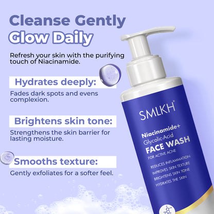 Niacinamide and glycolic acid deep cleanser for oily skin, 200 ml, in a tube with white and blue packaging.