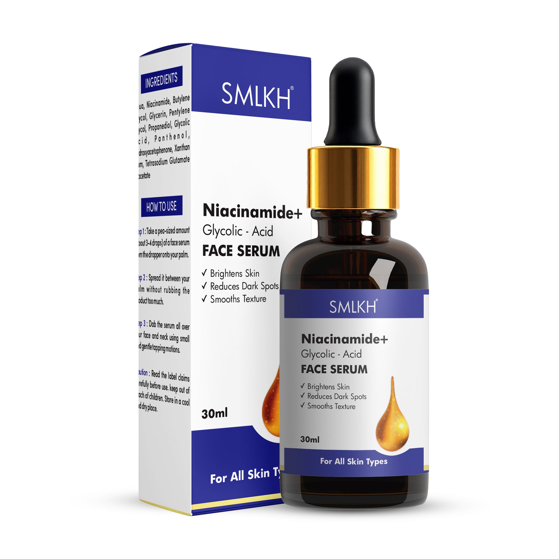 Niacinamide with Glycolic Acid serum in a 30ml bottle, designed to reduce dark spots, from 20028.