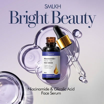 Niacinamide with glycolic acid serum for dark spots in a 30ml bottle, displayed in a clear glass container.