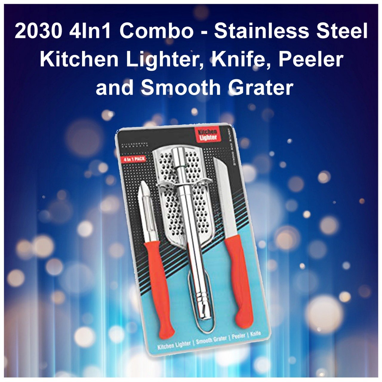 Wukusy 2030 4-in-1 stainless steel kitchen tool with lighter, knife, peeler, and grater for versatile cooking tasks