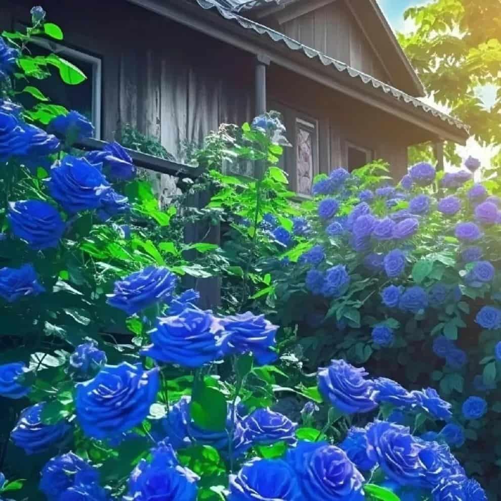 Blue Climbing Rose Seeds from 205 brand, showcasing small basil seed packets with vibrant rose imagery on the label.