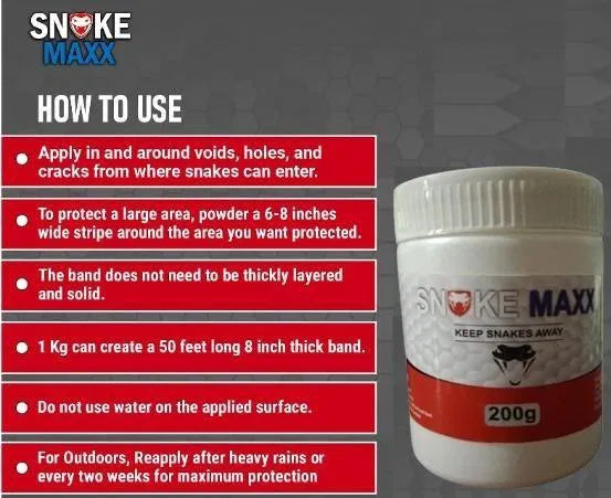 205 Snake Maxx non-toxic biodegradable snake repellent powder, pet-friendly, in a pack of 2, shown in a resealable bag.