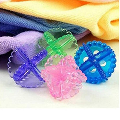 Four translucent laundry washing balls from Wukusy, designed for eco-friendly cleaning without detergent.