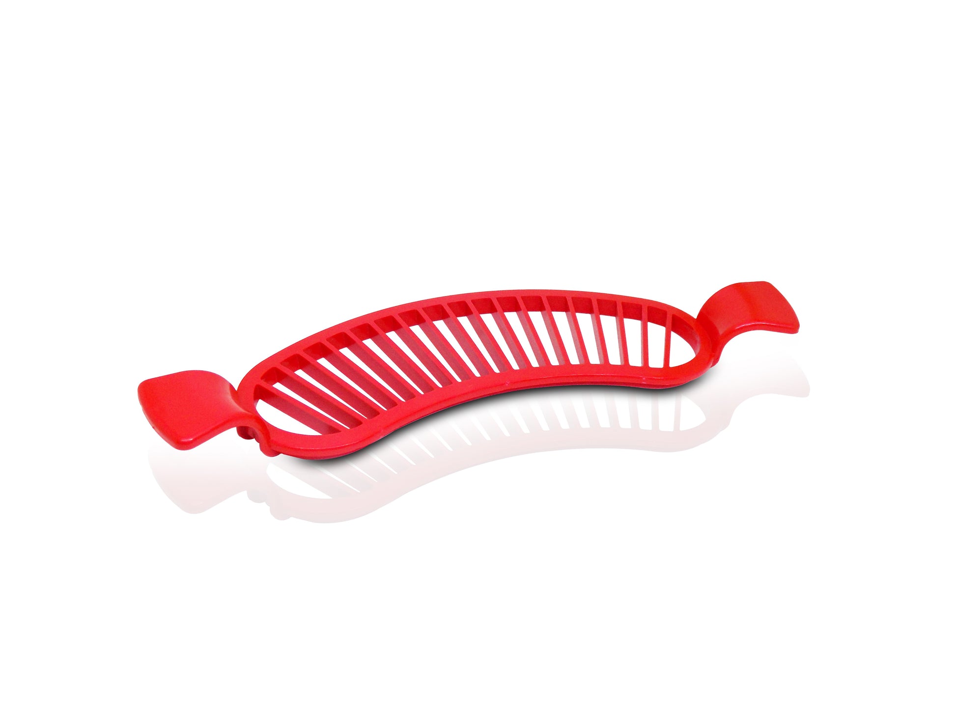 Wukusy 2084 Plastic Banana Slicer with handle, kitchen tool for easy banana cutting, shown with sliced bananas in the image.