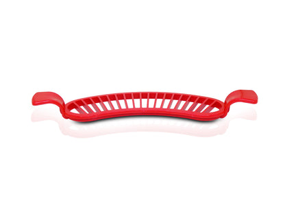 Wukusy 2084 plastic banana slicer with handle, a kitchen tool for quick banana slicing, shown with sliced bananas.