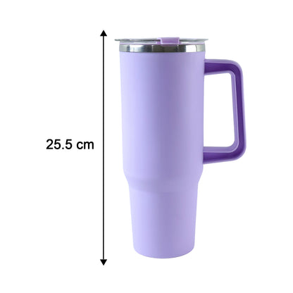 Large capacity Wukusy Konvex insulated tumbler mug with handle and straw, 1200 ml, designed for hot and cold beverages.