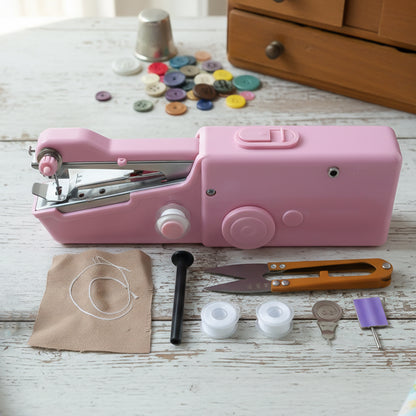 Portable Wukusy handheld sewing machine with power cord and accessories for quick, easy sewing on the go.