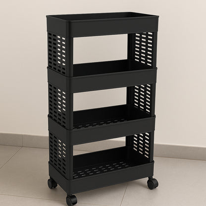 Wukusy 4-layer plastic storage rack with wheels, featuring multiple shelves and a sturdy design for organizing items efficiently