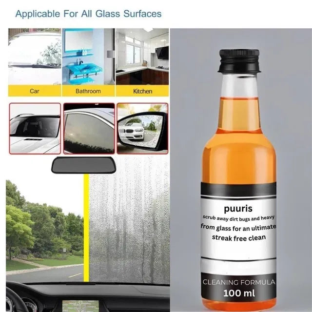 Two 100ml bottles of 21334 glass cleaning agent stain remover for car glass cleaning, with car brushes and dusters in the background.
