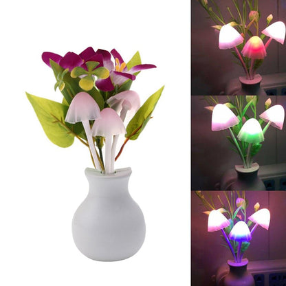 Wukusy 217 LED mushroom night light with multicolor glow, auto on/off sensor, decorative flower-shaped lamp in a cozy setting.