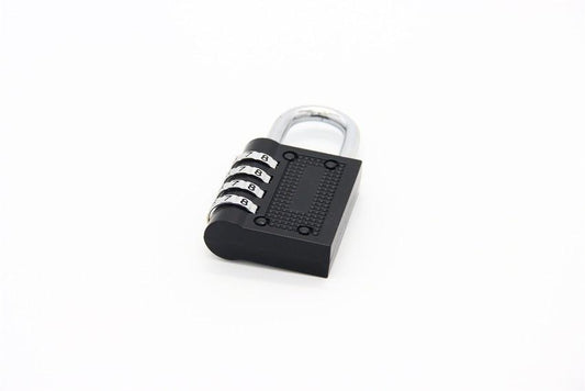 Wukusy 218 4-digit combination padlock with silver body and black dial, secured on a metal latch.