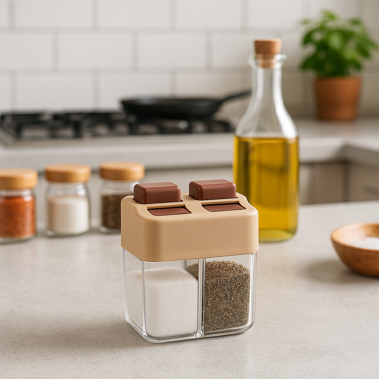 Wukusy Ritu Premium 2-in-1 salt and pepper dispenser with clear acrylic body and dual spouts for kitchen seasoning.