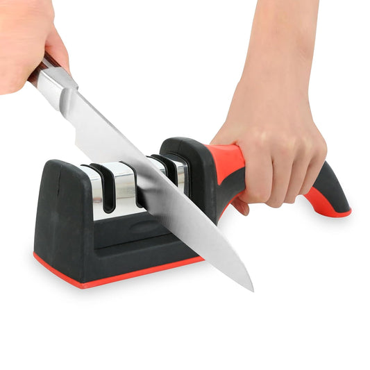 Kiyansh Enterprise 3-in-1 manual knife sharpener with easy-grip handle and non-slip base for ceramic and steel knives.
