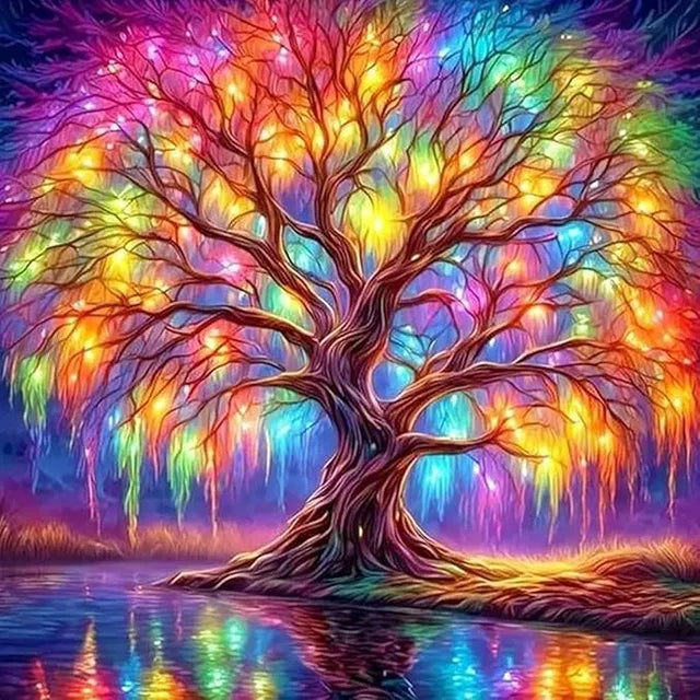 3D diamond art painting kit featuring a tree design, suitable for adults and beginners, by 22123, with colorful diamond embellishments.