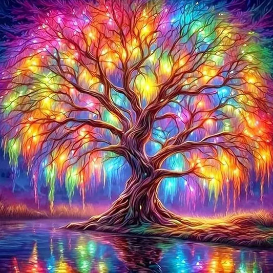 3D diamond art painting kit featuring a tree design, suitable for adults and beginners, by 22123, with colorful diamond embellishments.